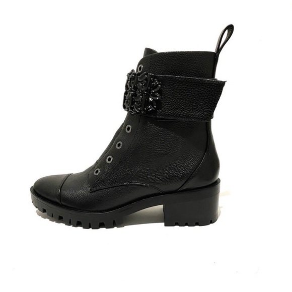 KARL LAGERFELD Black Pippa Crystal Embellished Platform Ankle Combat Boots - Picture 6 of 12